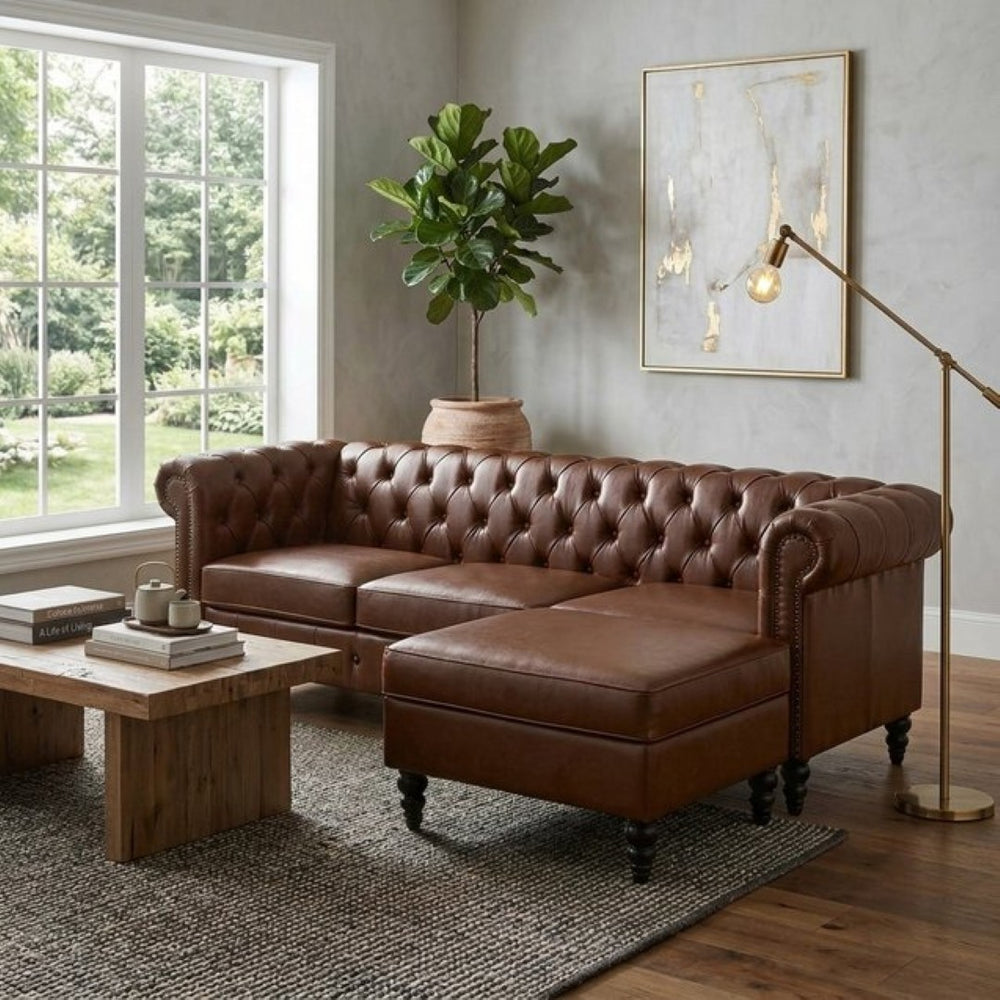 English Elm U-style Modular Pu Leather Sectional Sofa Tufted Back Rivet Armrests Storage Ottoman Brown WY000540AAD