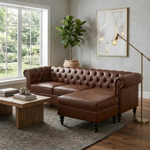 English Elm U-style Modular Pu Leather Sectional Sofa Tufted Back Rivet Armrests Storage Ottoman Brown WY000540AAD