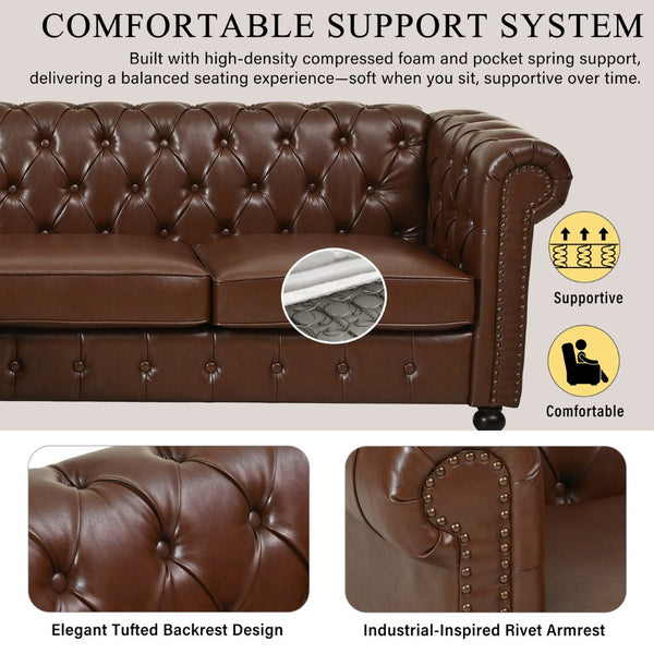 English Elm U-style Modular Pu Leather Sectional Sofa Tufted Back Rivet Armrests Storage Ottoman Brown WY000540AAD