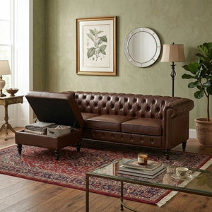 English Elm U-style Modular Pu Leather Sectional Sofa Tufted Back Rivet Armrests Storage Ottoman Brown WY000540AAD