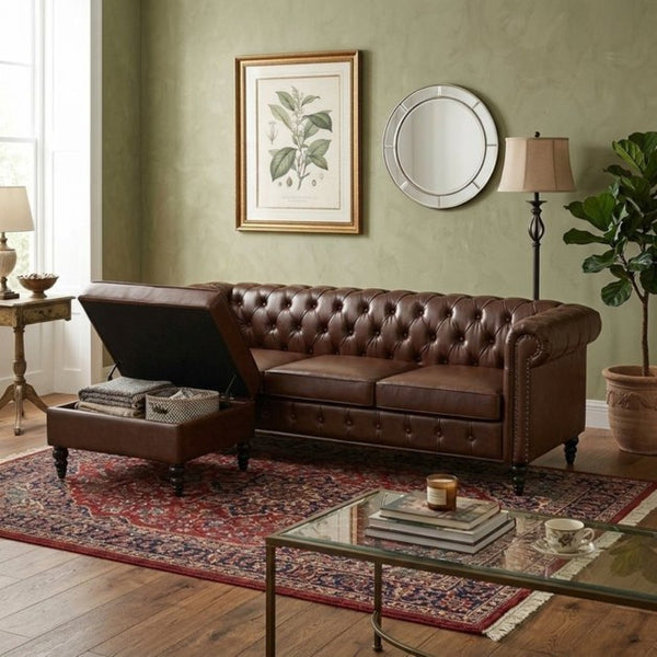 English Elm U-style Modular Pu Leather Sectional Sofa Tufted Back Rivet Armrests Storage Ottoman Brown WY000540AAD