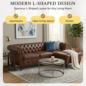 English Elm U-style Modular Pu Leather Sectional Sofa Tufted Back Rivet Armrests Storage Ottoman Brown WY000540AAD