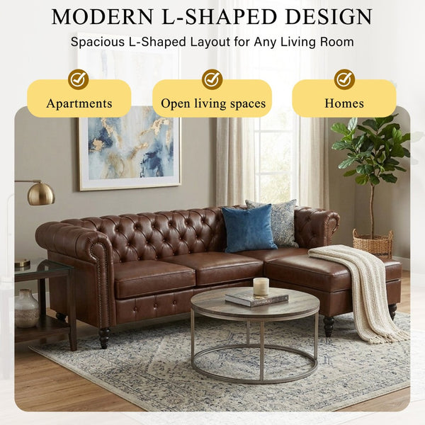 English Elm U-style Modular Pu Leather Sectional Sofa Tufted Back Rivet Armrests Storage Ottoman Brown WY000540AAD