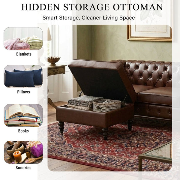 English Elm U-style Modular Pu Leather Sectional Sofa Tufted Back Rivet Armrests Storage Ottoman Brown WY000540AAD