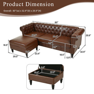 English Elm U-style Modular Pu Leather Sectional Sofa Tufted Back Rivet Armrests Storage Ottoman Brown WY000540AAD
