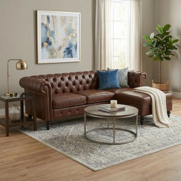 English Elm U-style Modular Pu Leather Sectional Sofa Tufted Back Rivet Armrests Storage Ottoman Brown WY000540AAD