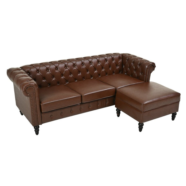 English Elm U-style Modular Pu Leather Sectional Sofa Tufted Back Rivet Armrests Storage Ottoman Brown WY000540AAD
