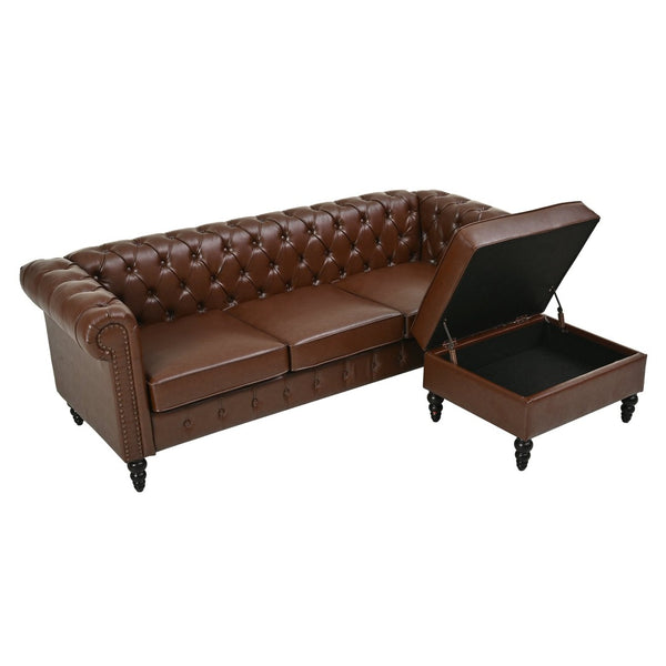 English Elm U-style Modular Pu Leather Sectional Sofa Tufted Back Rivet Armrests Storage Ottoman Brown WY000540AAD