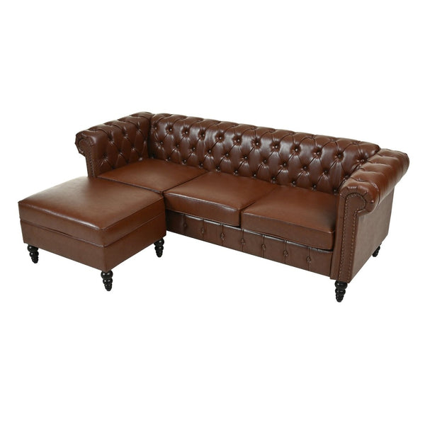 English Elm U-style Modular Pu Leather Sectional Sofa Tufted Back Rivet Armrests Storage Ottoman Brown WY000540AAD