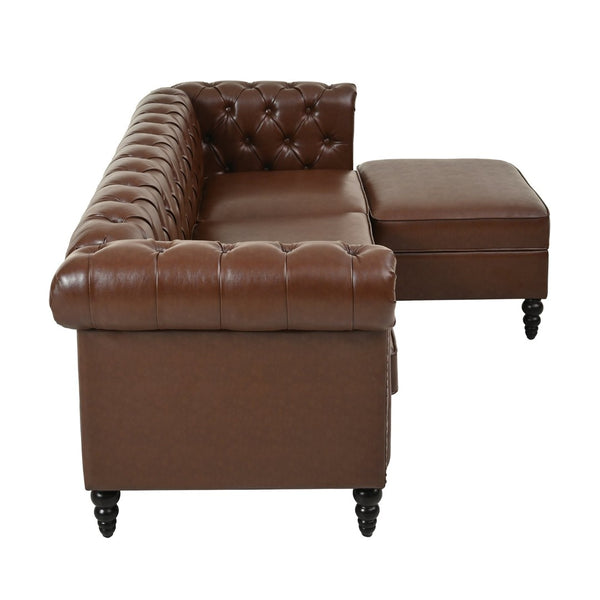 English Elm U-style Modular Pu Leather Sectional Sofa Tufted Back Rivet Armrests Storage Ottoman Brown WY000540AAD