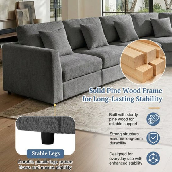 English Elm U_style Oversized Curved Chenille Sectional Sofa with Pinewood Frame for Open Living Spaces Grey WY000541AAE