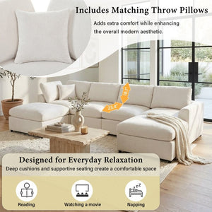 English Elm U-Style Chenille Loveseat Deep Seat Pine Frame Sofa for Living Room or Apartment Beige WY000542AAA