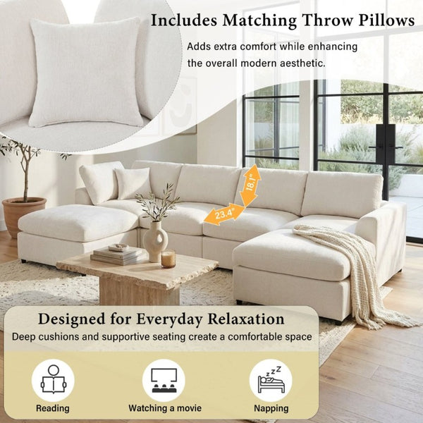 English Elm U-Style Chenille Loveseat Deep Seat Pine Frame Sofa for Living Room or Apartment Beige WY000542AAA