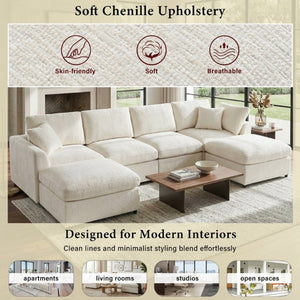 English Elm U-Style Chenille Loveseat Deep Seat Pine Frame Sofa for Living Room or Apartment Beige WY000542AAA