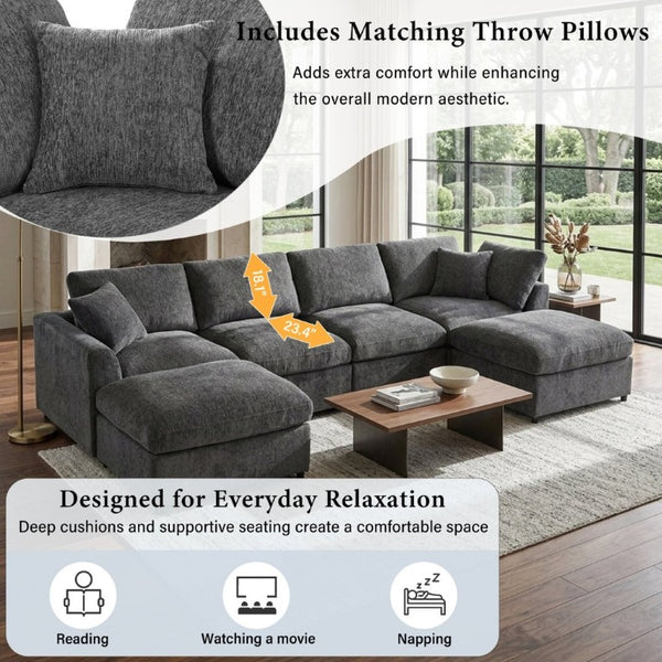 English Elm U-Style Chenille Loveseat Deep Seat Pine Frame Sofa for Living Room or Apartment Grey WY000542AAE