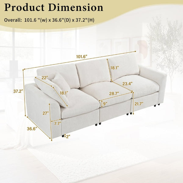 English Elm U-Style Chenille Three Seat Sofa with Pine Frame Deep Cushions for Modern Living Rooms Beige WY000543AAA