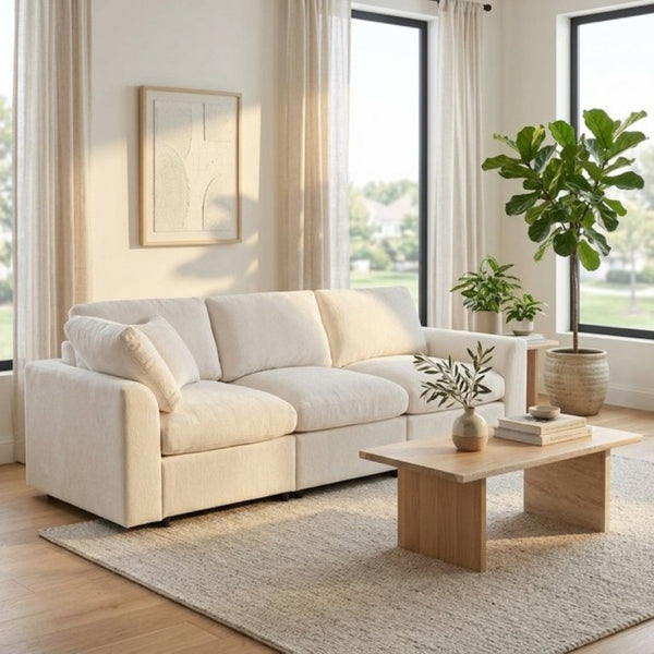 English Elm U-Style Chenille Three Seat Sofa with Pine Frame Deep Cushions for Modern Living Rooms Beige WY000543AAA