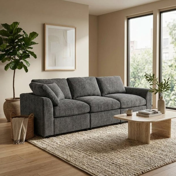 English Elm U-Style Chenille Three Seat Sofa with Pine Frame Deep Cushions for Modern Living Rooms Grey WY000543AAE