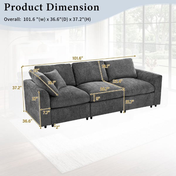 English Elm U-Style Chenille Three Seat Sofa with Pine Frame Deep Cushions for Modern Living Rooms Grey WY000543AAE