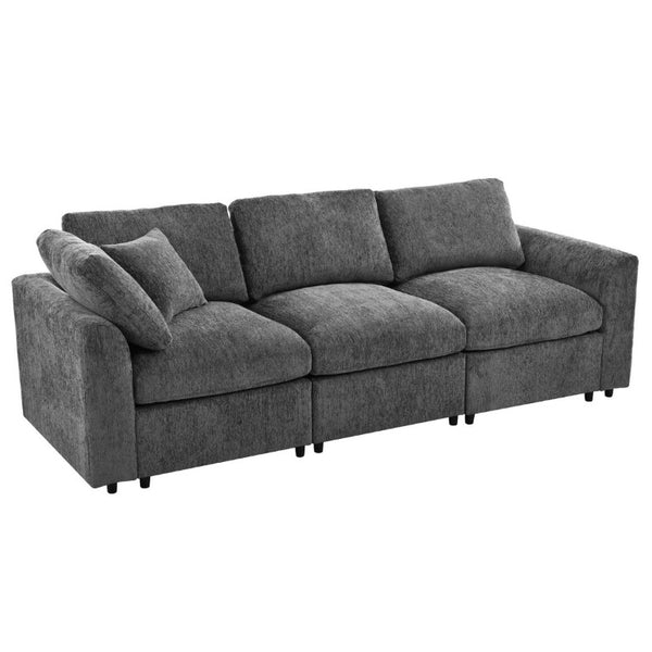 English Elm U-Style Chenille Three Seat Sofa with Pine Frame Deep Cushions for Modern Living Rooms Grey WY000543AAE