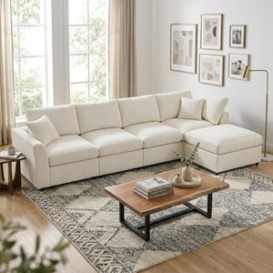 English Elm U-Style Modular U-Shaped Sectional Deep Seat Chenille Sofa with Movable Ottoman Beige WY000545AAA