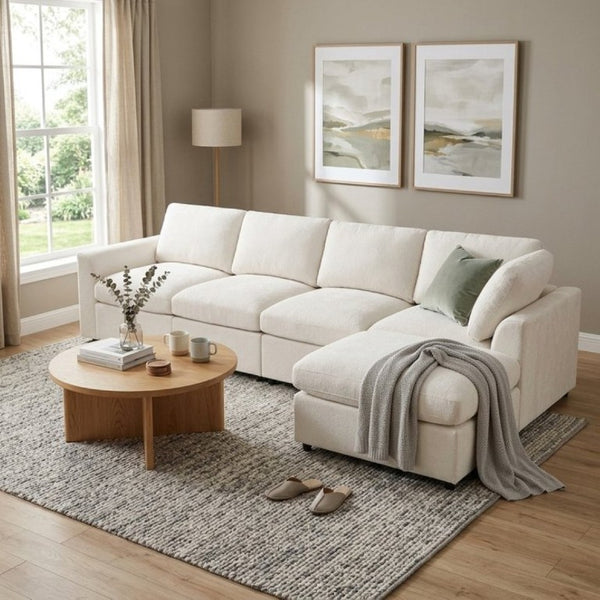 English Elm U-Style Modular U-Shaped Sectional Deep Seat Chenille Sofa with Movable Ottoman Beige WY000545AAA