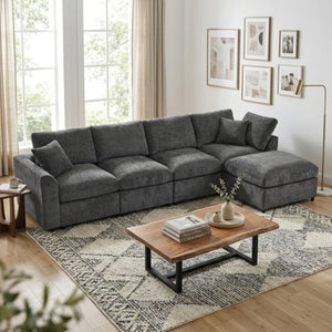 English Elm U-Style Modular U-Shaped Sectional Deep Seat Chenille Sofa with Movable Ottoman Grey WY000545AAE