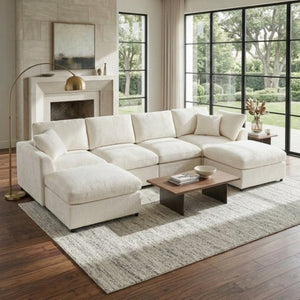 English Elm U-Style Six Seat Chenille Sectional with Deep Cushions Pine Frame and Two Movable Ottomans Beige WY000546AAA
