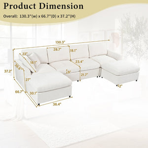 English Elm U-Style Six Seat Chenille Sectional with Deep Cushions Pine Frame and Two Movable Ottomans Beige WY000546AAA
