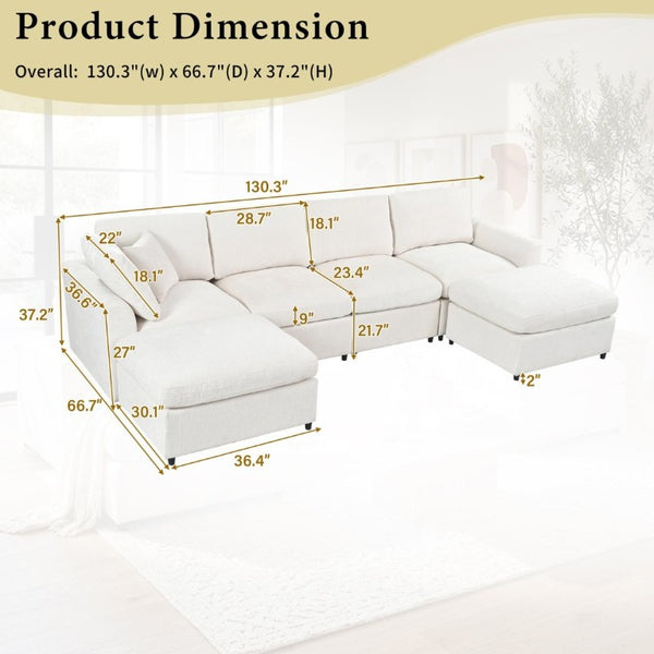English Elm U-Style Six Seat Chenille Sectional with Deep Cushions Pine Frame and Two Movable Ottomans Beige WY000546AAA