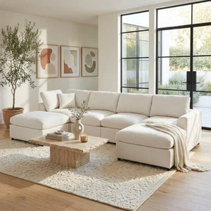 English Elm U-Style Six Seat Chenille Sectional with Deep Cushions Pine Frame and Two Movable Ottomans Beige WY000546AAA