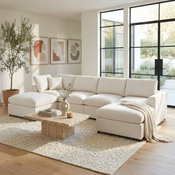 English Elm U-Style Six Seat Chenille Sectional with Deep Cushions Pine Frame and Two Movable Ottomans Beige WY000546AAA
