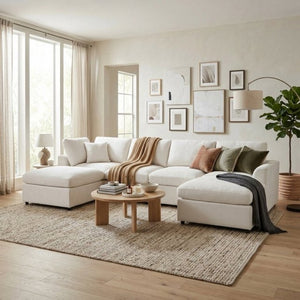 English Elm U-Style Six Seat Chenille Sectional with Deep Cushions Pine Frame and Two Movable Ottomans Beige WY000546AAA