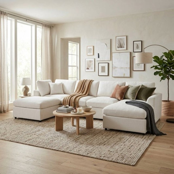 English Elm U-Style Six Seat Chenille Sectional with Deep Cushions Pine Frame and Two Movable Ottomans Beige WY000546AAA