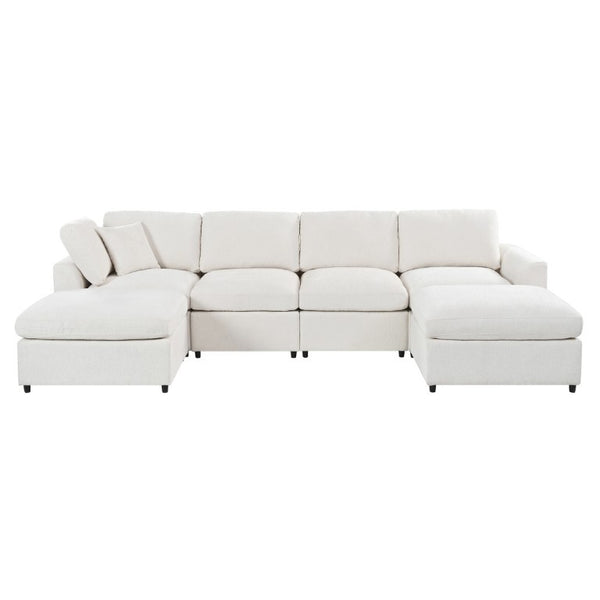 English Elm U-Style Six Seat Chenille Sectional with Deep Cushions Pine Frame and Two Movable Ottomans Beige WY000546AAA