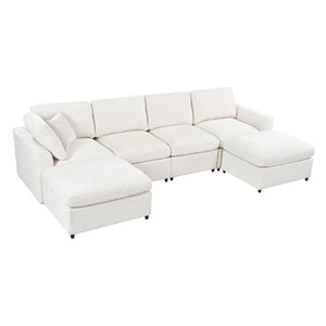 English Elm U-Style Six Seat Chenille Sectional with Deep Cushions Pine Frame and Two Movable Ottomans Beige WY000546AAA