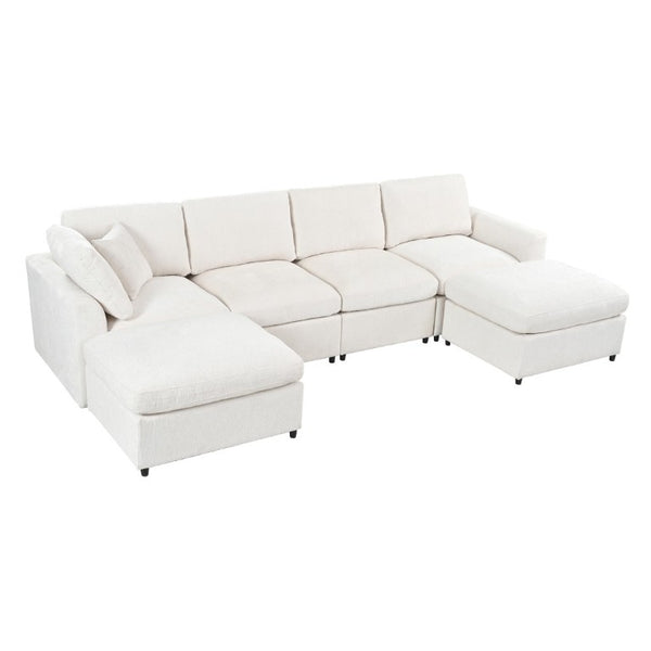 English Elm U-Style Six Seat Chenille Sectional with Deep Cushions Pine Frame and Two Movable Ottomans Beige WY000546AAA