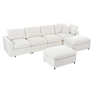 English Elm U-Style Six Seat Chenille Sectional with Deep Cushions Pine Frame and Two Movable Ottomans Beige WY000546AAA