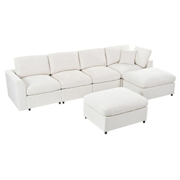 English Elm U-Style Six Seat Chenille Sectional with Deep Cushions Pine Frame and Two Movable Ottomans Beige WY000546AAA