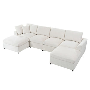 English Elm U-Style Six Seat Chenille Sectional with Deep Cushions Pine Frame and Two Movable Ottomans Beige WY000546AAA