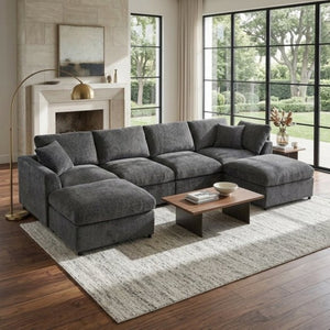 English Elm U-Style Six Seat Chenille Sectional with Deep Cushions Pine Frame and Two Movable Ottomans Grey WY000546AAE