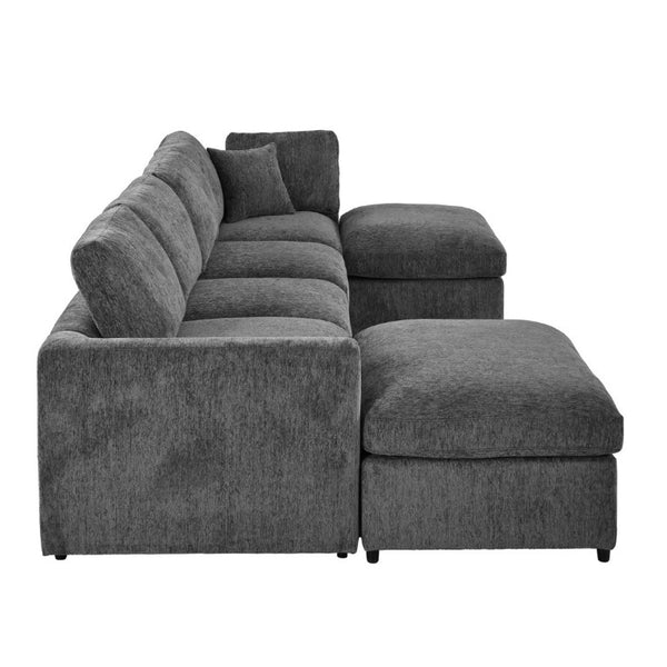 English Elm U-Style Six Seat Chenille Sectional with Deep Cushions Pine Frame and Two Movable Ottomans Grey WY000546AAE