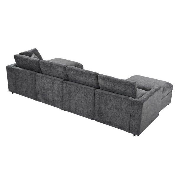 English Elm U-Style Six Seat Chenille Sectional with Deep Cushions Pine Frame and Two Movable Ottomans Grey WY000546AAE