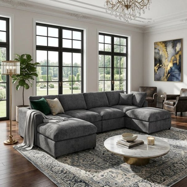 English Elm U-Style Six Seat Chenille Sectional with Deep Cushions Pine Frame and Two Movable Ottomans Grey WY000546AAE
