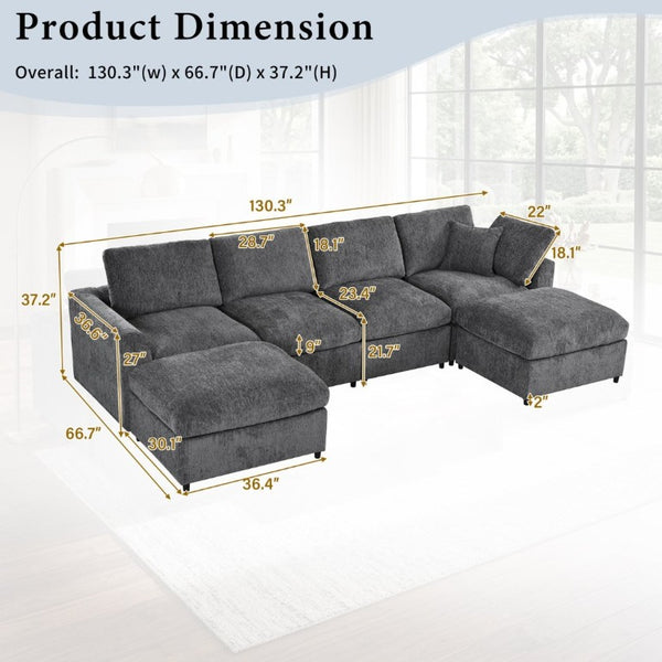 English Elm U-Style Six Seat Chenille Sectional with Deep Cushions Pine Frame and Two Movable Ottomans Grey WY000546AAE