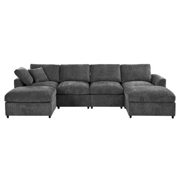 English Elm U-Style Six Seat Chenille Sectional with Deep Cushions Pine Frame and Two Movable Ottomans Grey WY000546AAE