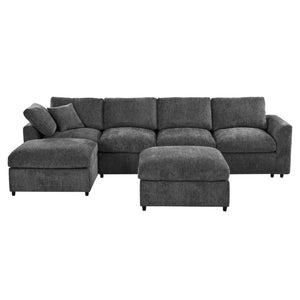 English Elm U-Style Six Seat Chenille Sectional with Deep Cushions Pine Frame and Two Movable Ottomans Grey WY000546AAE