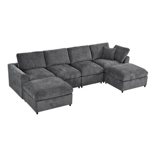 English Elm U-Style Six Seat Chenille Sectional with Deep Cushions Pine Frame and Two Movable Ottomans Grey WY000546AAE