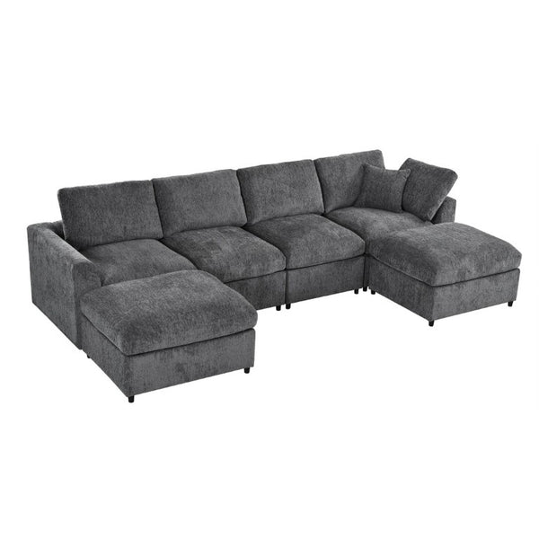 English Elm U-Style Six Seat Chenille Sectional with Deep Cushions Pine Frame and Two Movable Ottomans Grey WY000546AAE