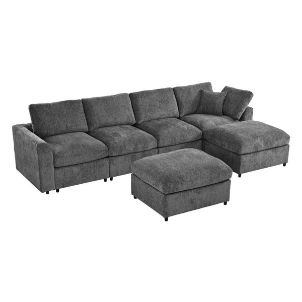 English Elm U-Style Six Seat Chenille Sectional with Deep Cushions Pine Frame and Two Movable Ottomans Grey WY000546AAE